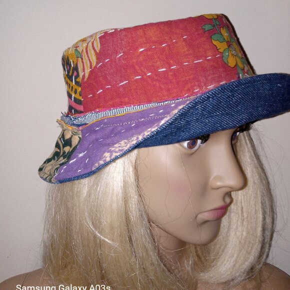 Kantha & Denim Bucket Hat Reversible Dk. Green Purple Red Patchwork BHAT10. - Picture 4 of 7